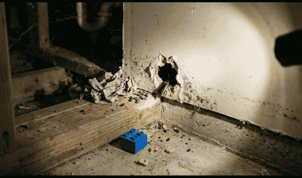 A flashlight illuminates a cockroach emerging from a hole in a damp crawlspace wall, highlighting the hidden health risks of untreated pest infestations in Fort Collins homes.
