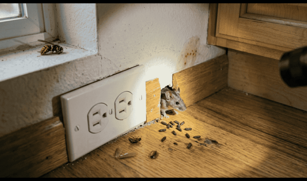 A flashlight reveals active signs of pests, including a mouse in a baseboard gap, droppings, wing fragments, and a dead wasp, demonstrating the hidden health risks of untreated pest infestations in Fort Collins homes.